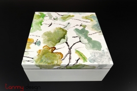 White square lacquer box hand painted with lotus leaf 20 cm